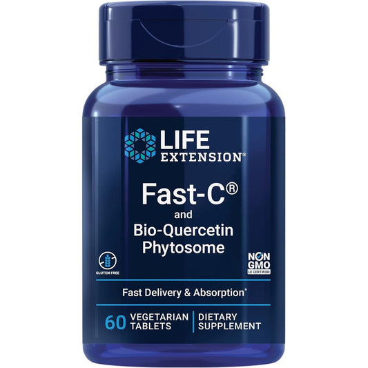 Life Extension Fast-C and Bio-Quercetin dietary supplement front bottle view for immune system support.
