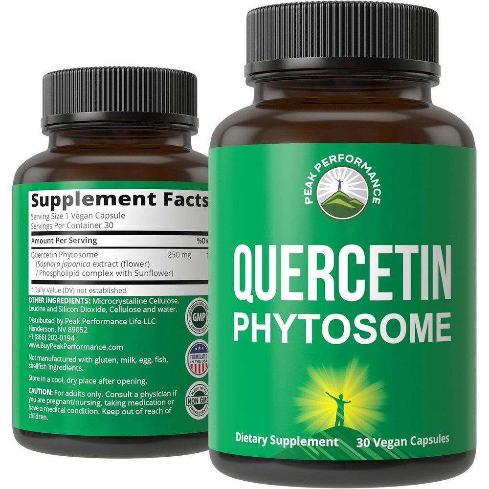 Peak Performance Quercetin Phytosome 250mg vegan capsules front bottle view for high absorption immune support