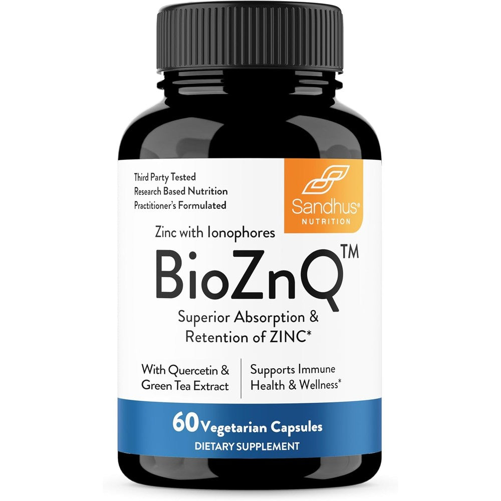 Sandhu's BioZnQ Zinc supplement bottle front view showing immune support benefits.