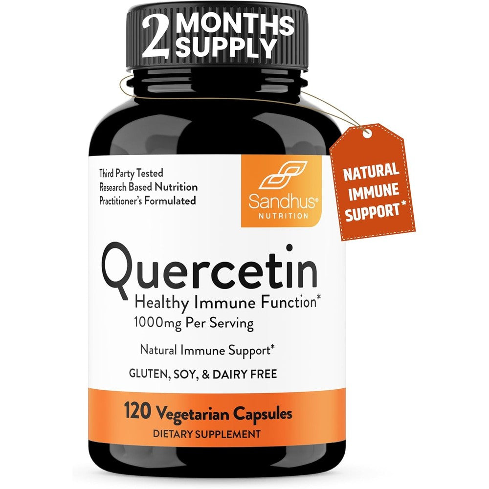 Sandhu's Quercetin 500 Milligrams Vegetarian Capsules front view bottle for natural immune support.