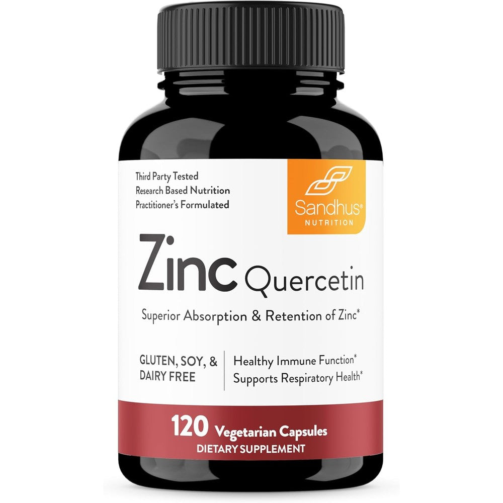 Sandhu's Zinc Quercetin 120 vegetarian capsules front bottle view for immune support