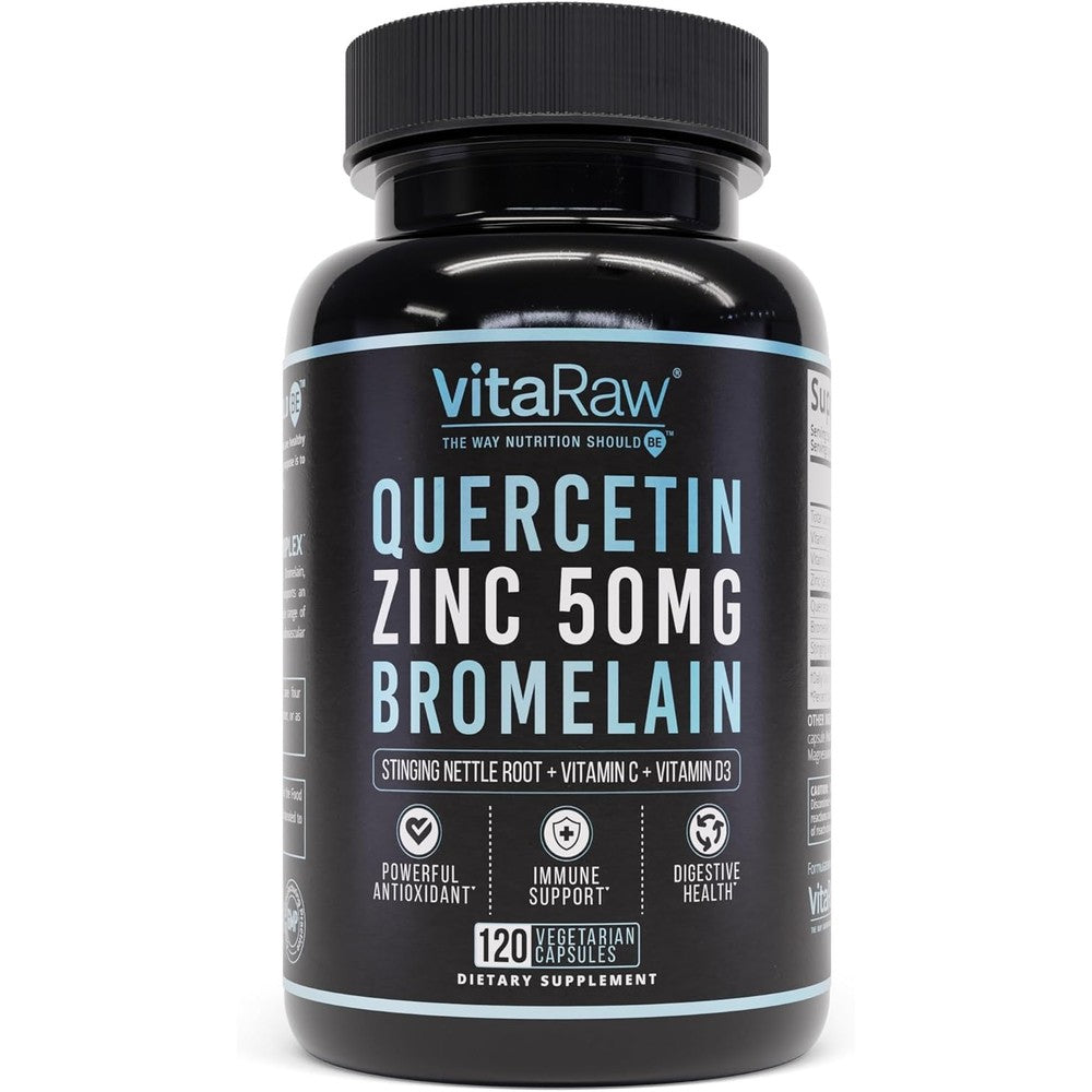VitaRaw Quercetin with Bromelain 500mg vegetarian capsules bottle front view for premium immune support