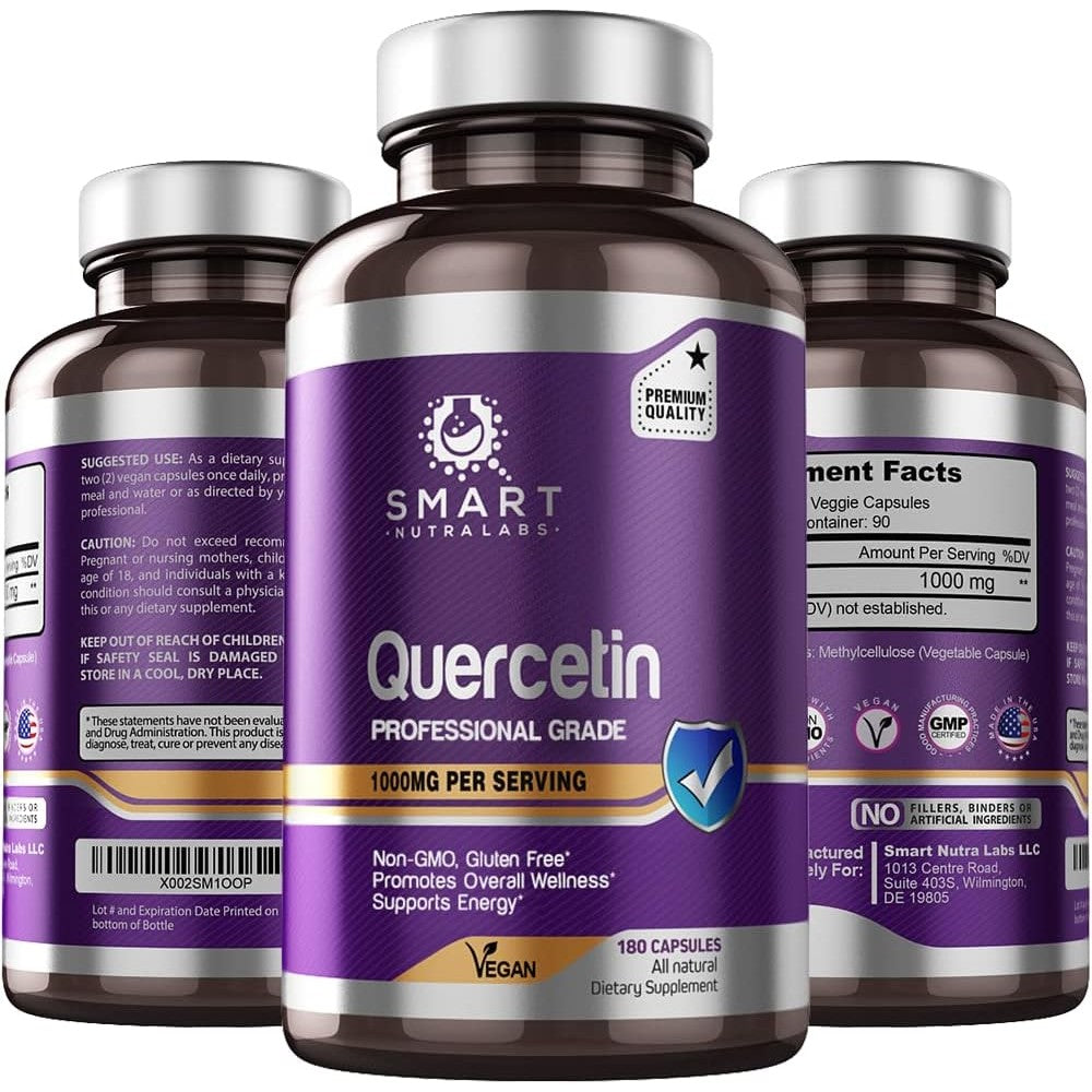 Smart Nutra Labs Quercetin 1000mg supplement bottle front view showcasing immune support benefit text