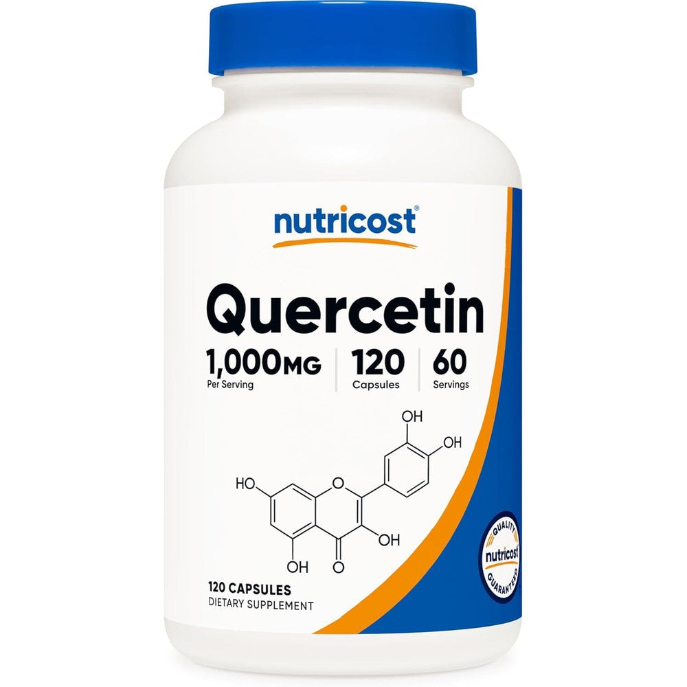 Nutricost Quercetin 1000mg front view of bottle containing 120 vegetarian capsules for immune supplement health.