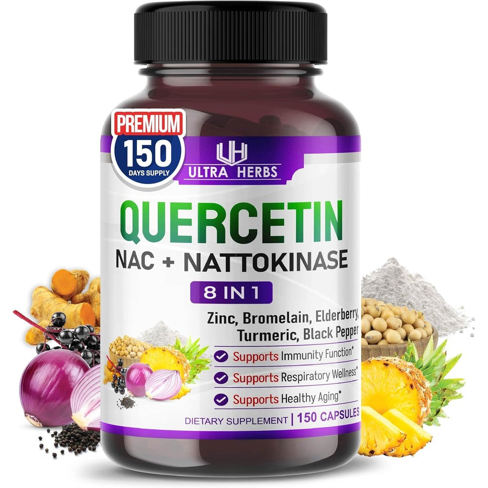 Ultra Herbs Quercetin supplement 150 capsules bottle front view showing immune support formula.
