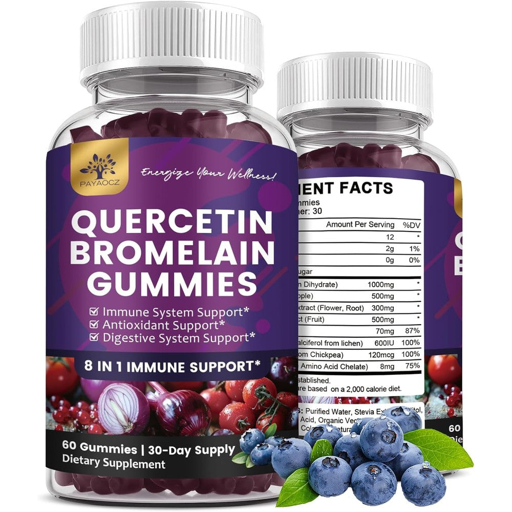PAYAOCZ Quercetin Gummies front view bottle showcasing immune and allergy support benefits