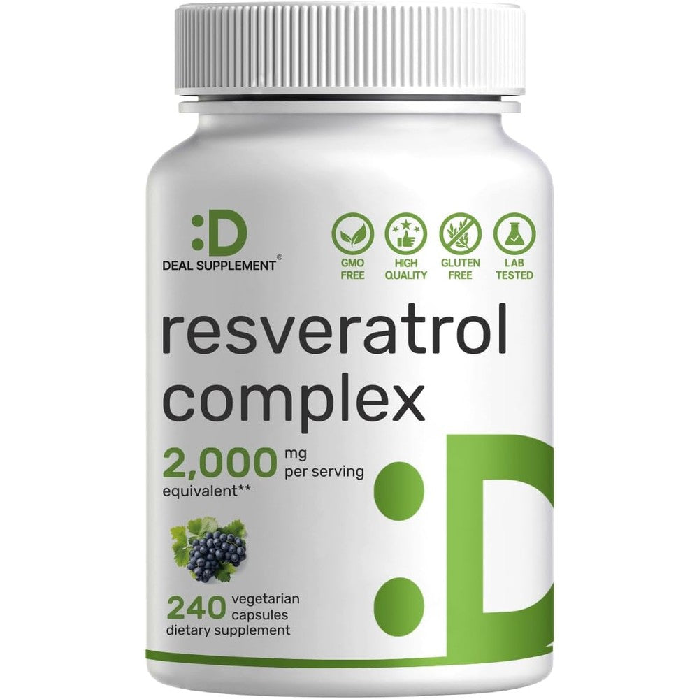 Deal Supplement Resveratrol Complex 2000mg front view bottle for healthy aging supplements in India