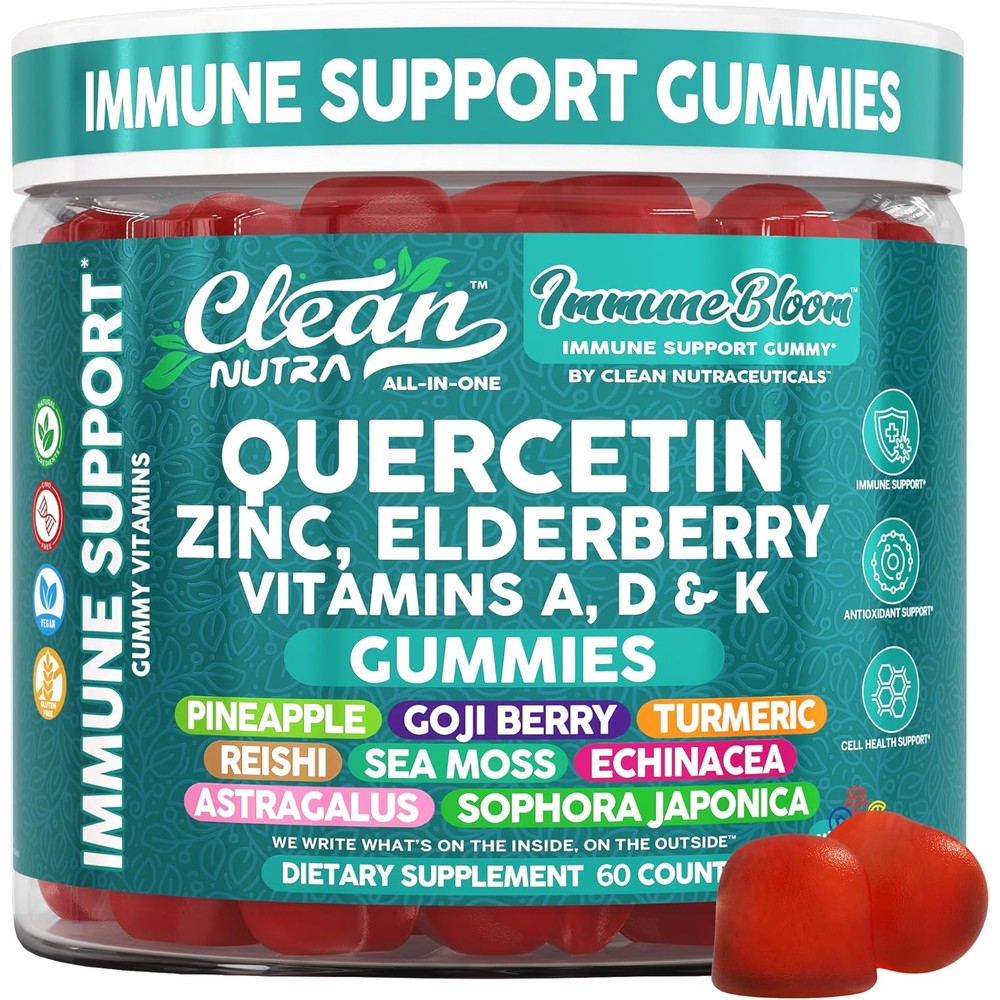 Clean Nutraceuticals Quercetin Elderberry Immune Support Gummies front view of premium dietary supplement bottle.