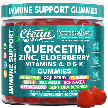 Clean Nutraceuticals Quercetin Elderberry Immune Support Gummies front view of premium dietary supplement bottle.