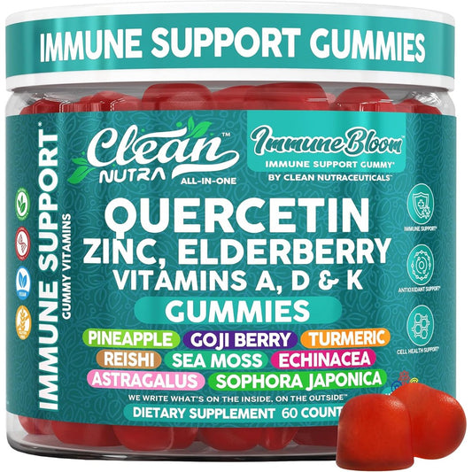 Clean Nutraceuticals Quercetin Elderberry Immune Support Gummies front view of premium dietary supplement bottle.
