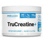PEScience TruCreatine+ powder front view tub packaging
