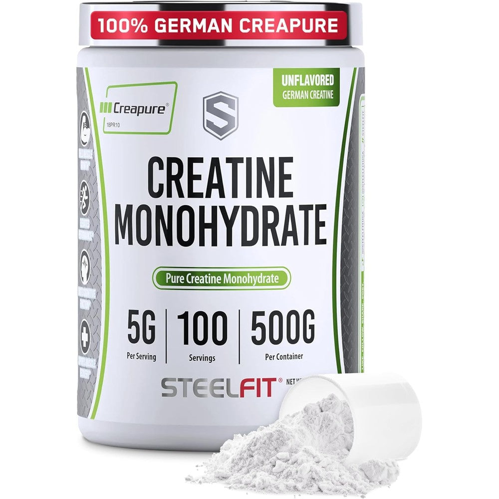 SteelFit Creapure Creatine Monohydrate Powder front view container packaging supplement