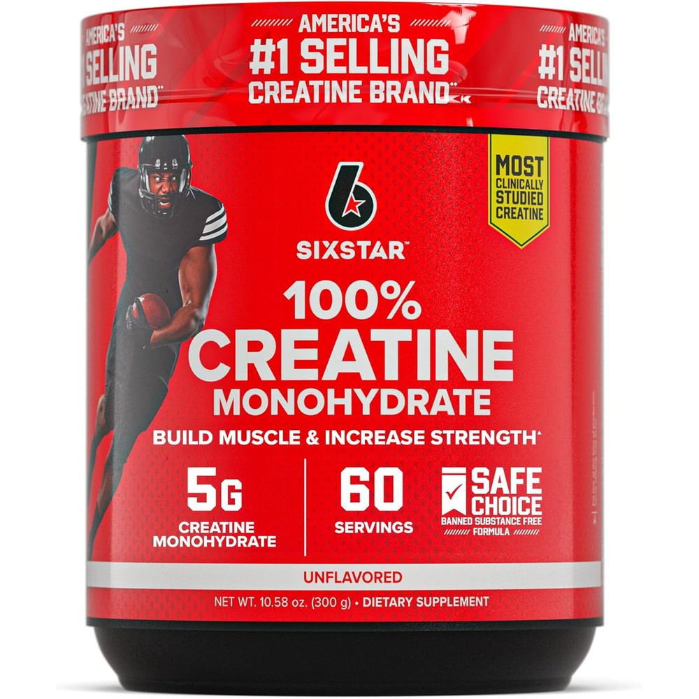 Six Star 100 Percent Creatine Monohydrate Powder front view supplement container