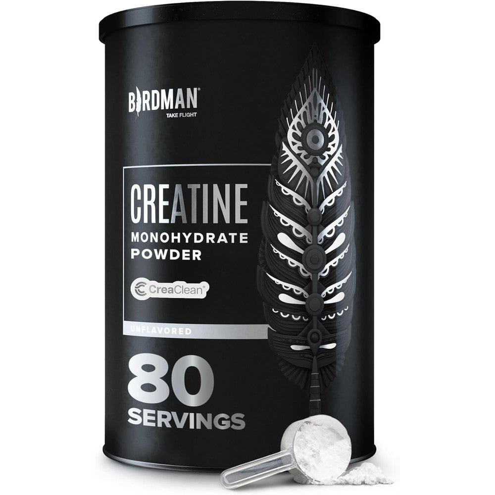 Birdman micronized creatine monohydrate powder front view container