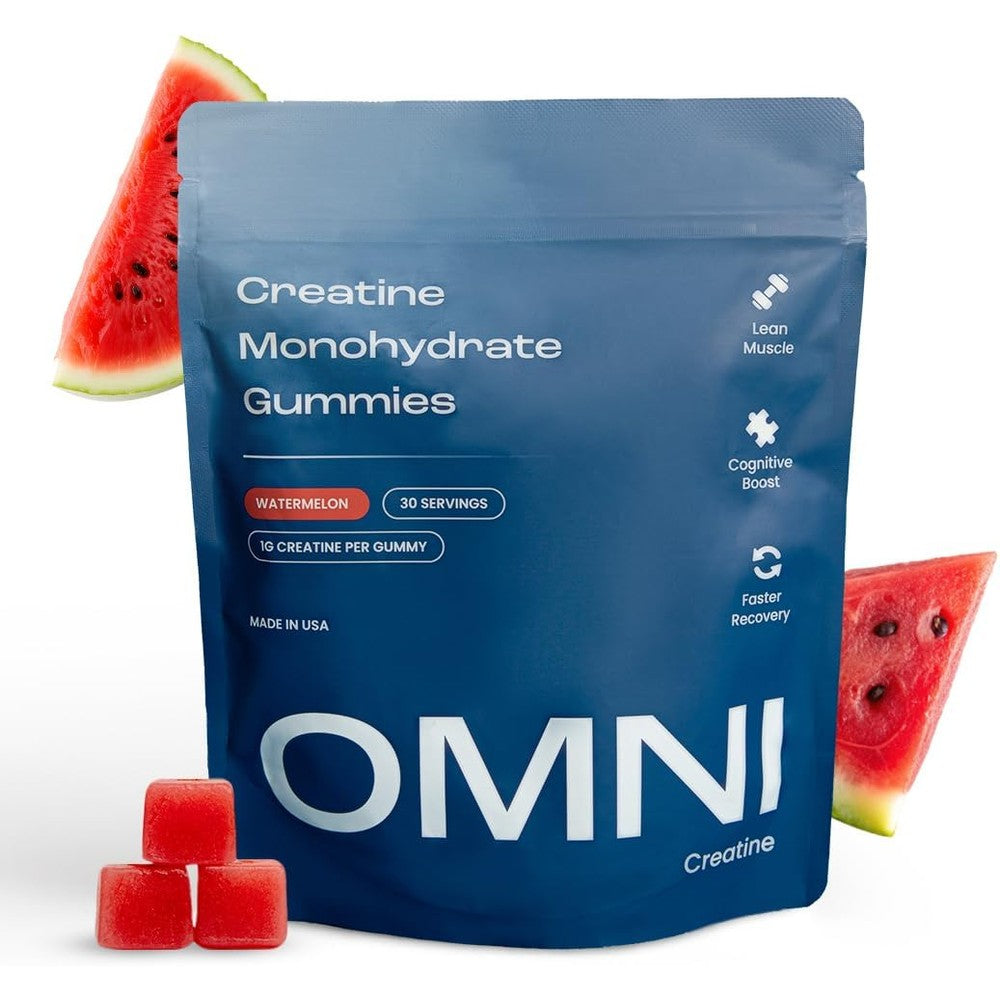 OMNI Creatine Monohydrate Gummies front view bottle packaging with flavor highlights.