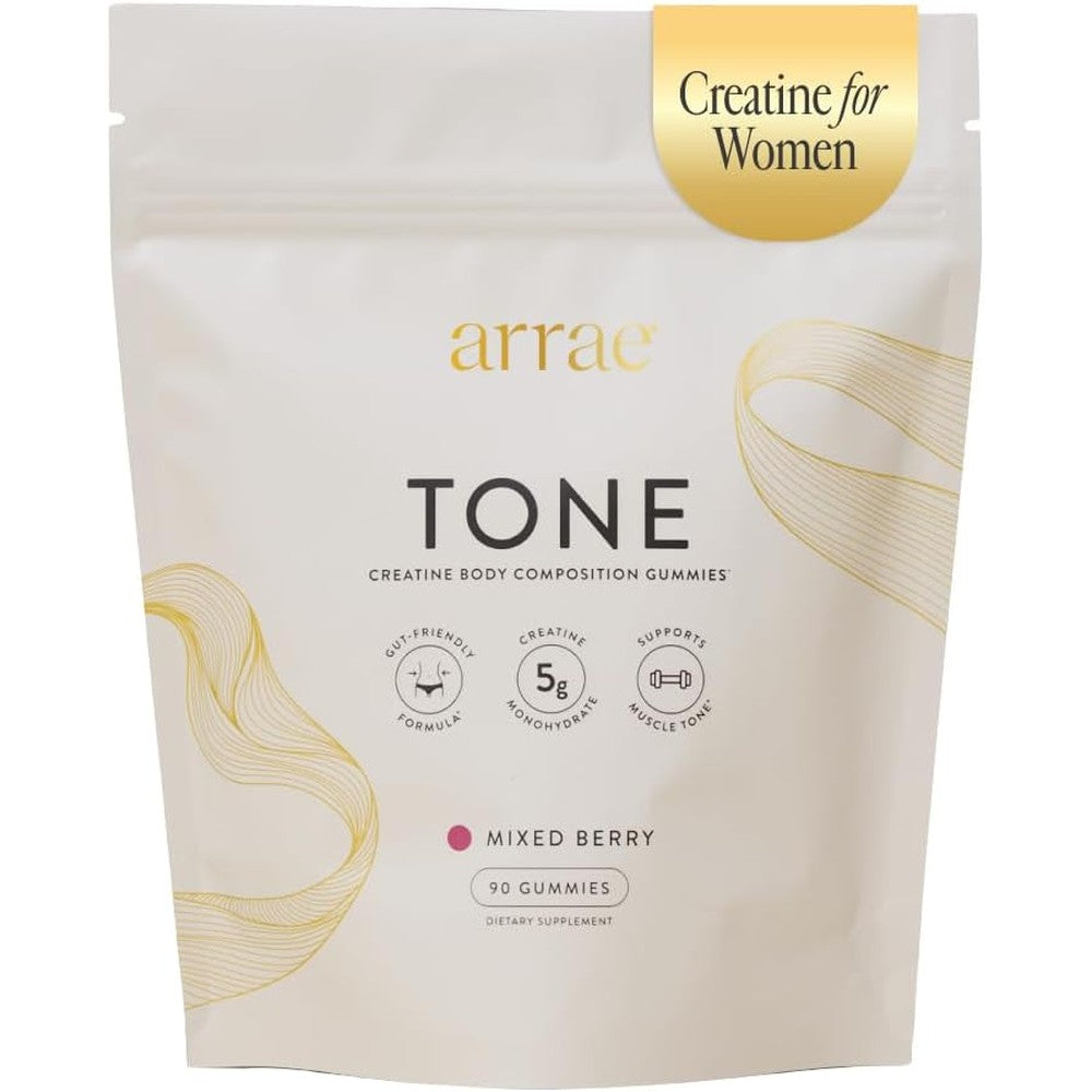 Arrae Tone creatine gummies front view product bottle packaging.