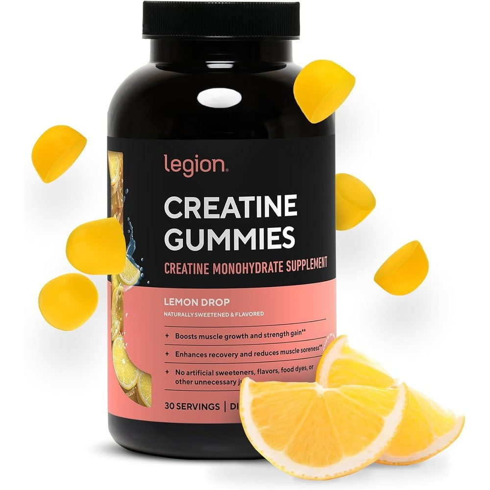Legion Creatine Monohydrate Gummies front view packaging with lemon drop flavor details.