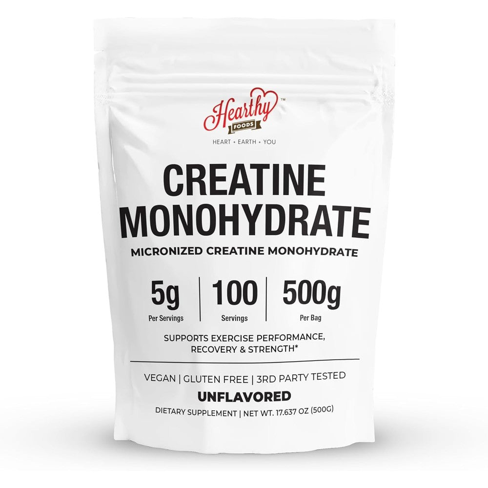 Hearthy Foods Creatine Monohydrate Powder front view supplement pouch
