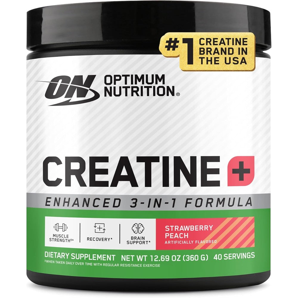 Optimum Nutrition Creatine Plus Strawberry Peach front view supplement container