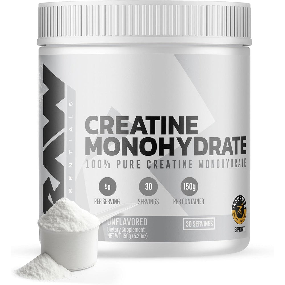 Raw Nutrition Creatine Monohydrate unflavored tub front view