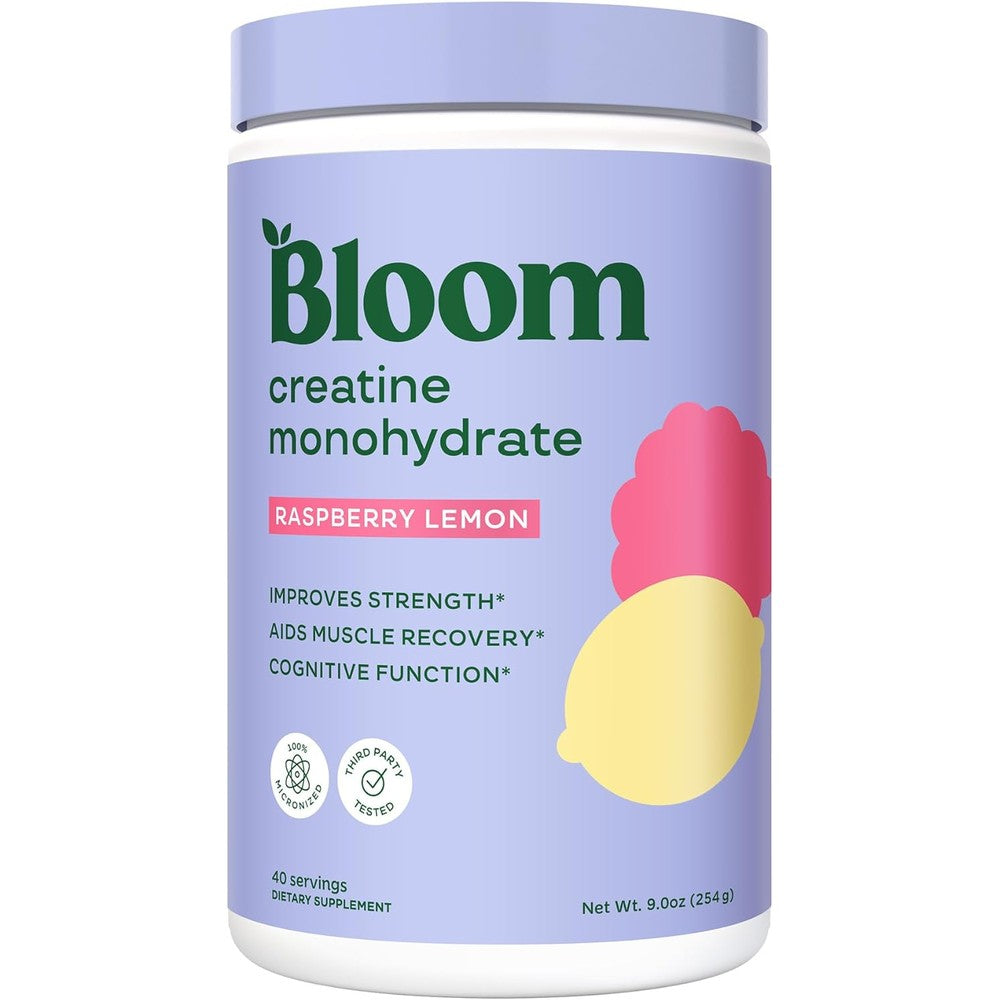 Bloom Nutrition creatine powder front view packaging with raspberry lemon flavor