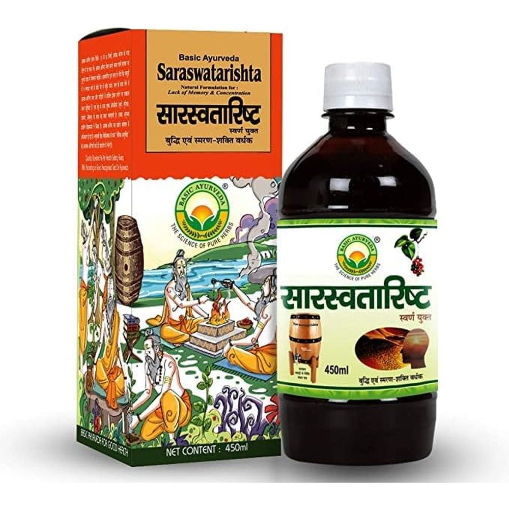 Basic Ayurveda Saraswatarishta Gold 450ml front bottle view