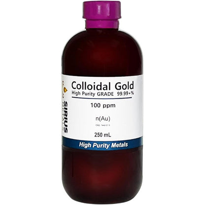 Sirius Metals Gold Nanoparticle Solution clear bottle front view