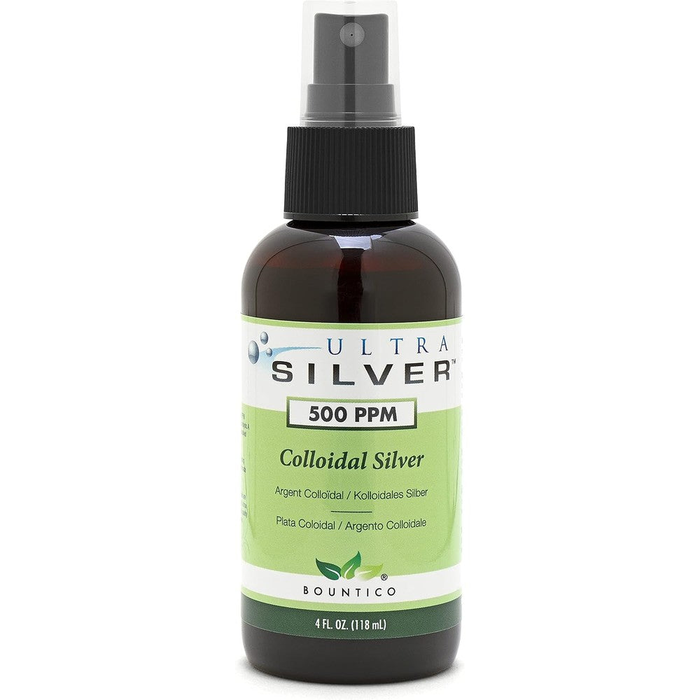 Ultra Silver Colloidal Silver 500 Parts Per Million four ounce spray bottle front view showcasing authentic packaging.