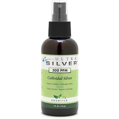 Ultra Silver Colloidal Silver 500 Parts Per Million four ounce spray bottle front view showcasing authentic packaging.
