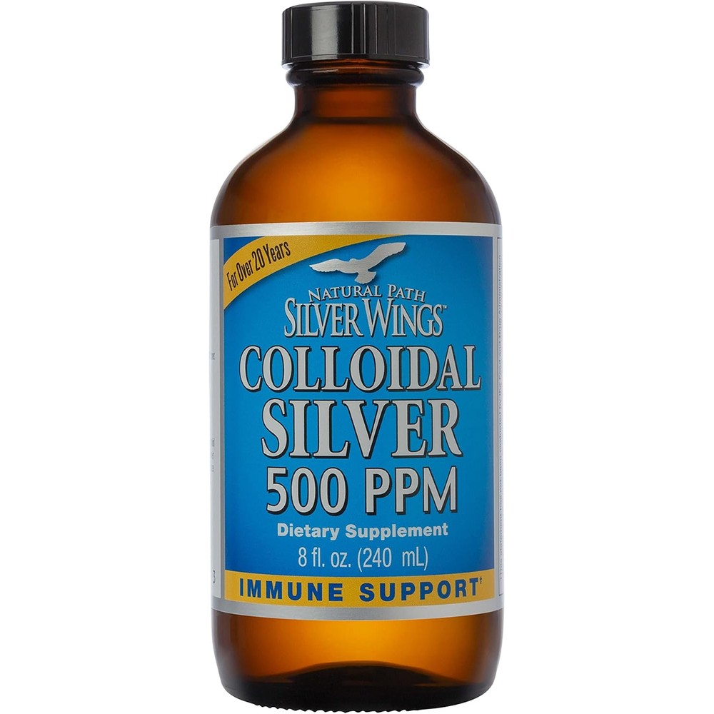 Natural Path Silver Wings Colloidal Silver 500ppm 8 Fluid Ounce front view bottle for immune support supplement