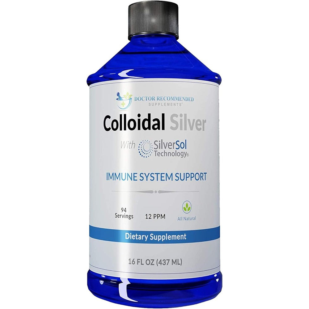 Doctor Recommended Colloidal Silver Liquid front view bottle for immune support supplement