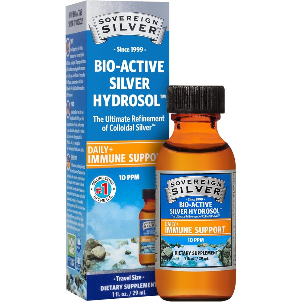 Sovereign Silver Immune Support Bio-Active Silver Hydrosol front view of 1 Fluid Ounce travel size bottle