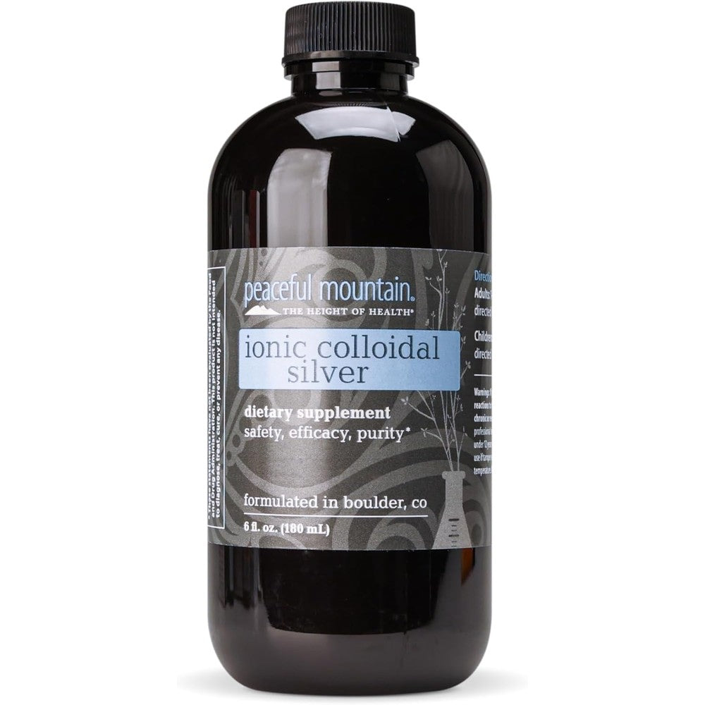 Peaceful Mountain Ionic Colloidal Silver front view bottle for natural immune support