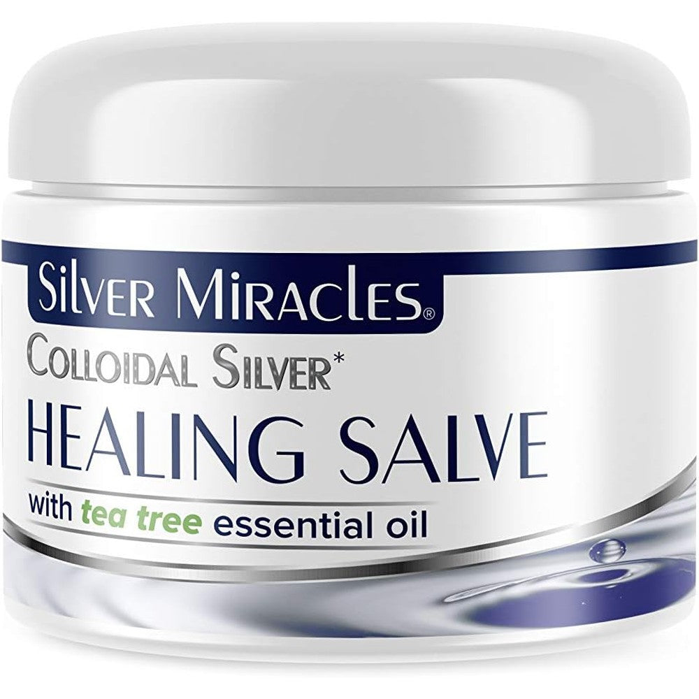 Silver Miracles Colloidal Silver Tea Tree Salve front view jar packaging for authentic imported skin healing balm.