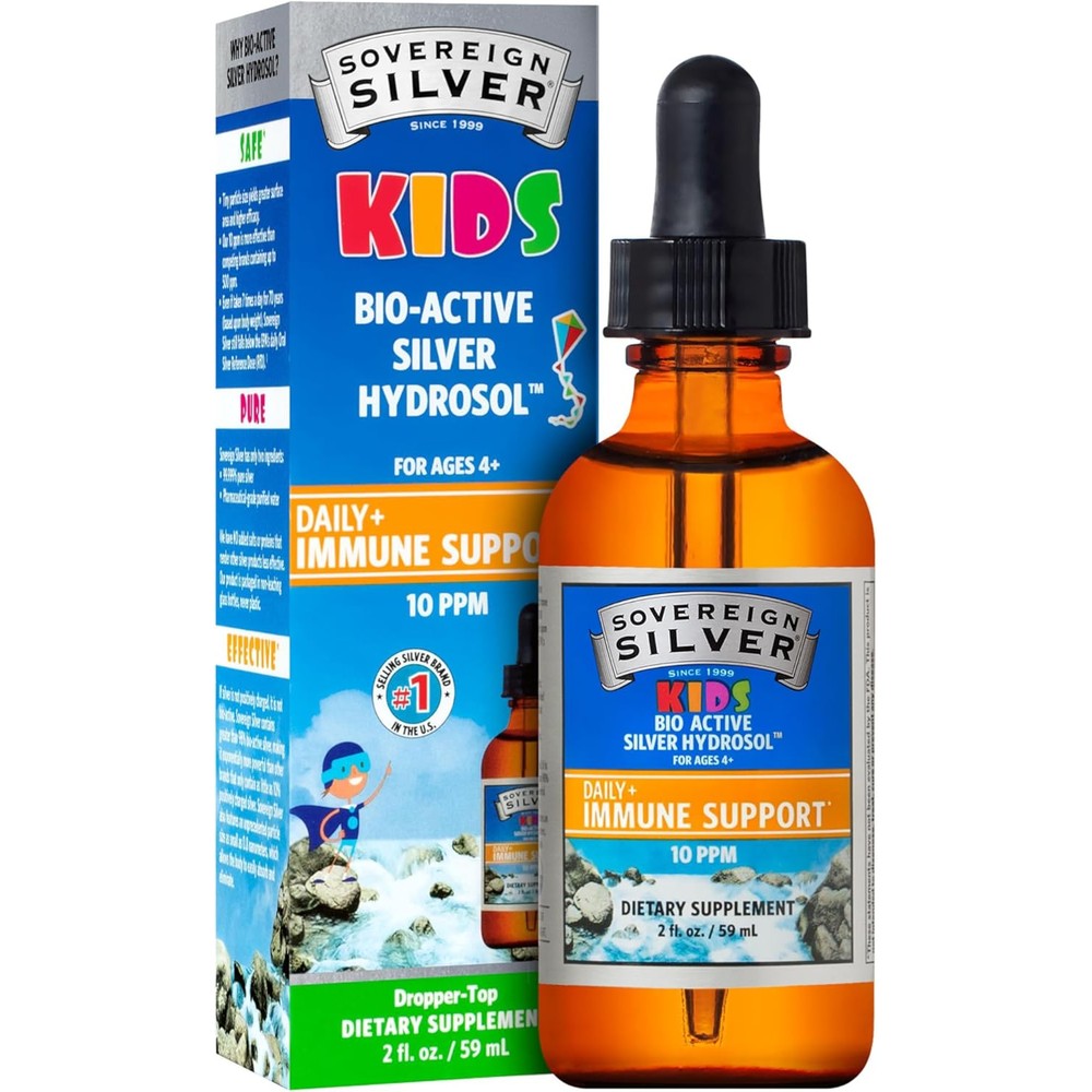 Sovereign Silver Kids Immune Support front view amber glass dropper bottle