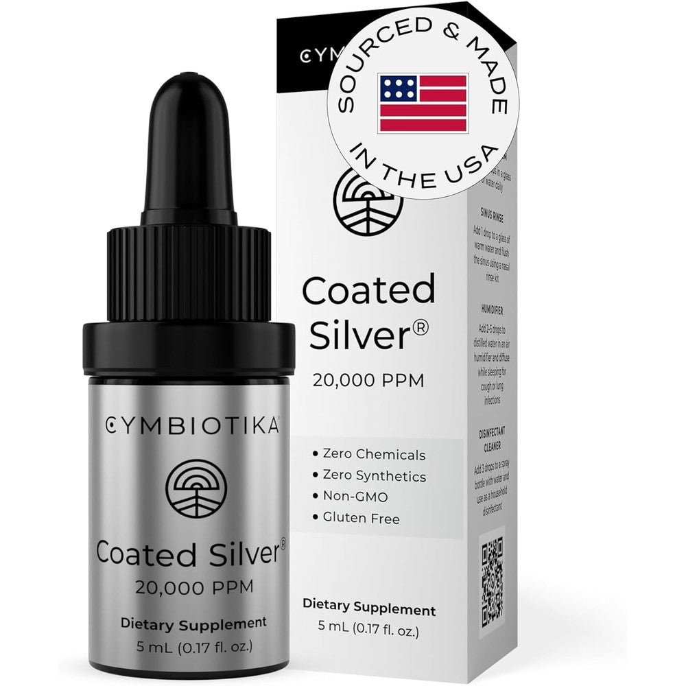CYMBIOTIKA Coated Silver Colloidal Liquid Supplement front view bottle for premium immune defense.