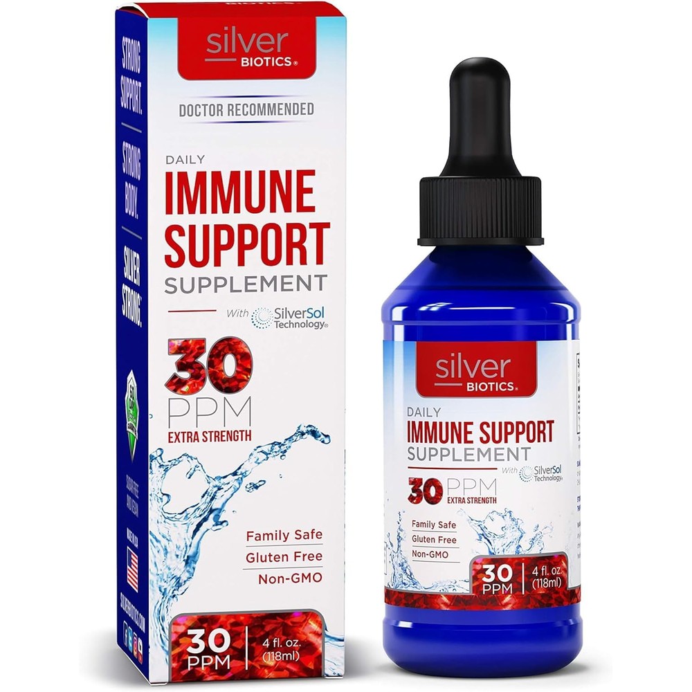 American Biotech Labs Silver Biotics 4 Fluid Ounce dropper bottle front view for immune support.