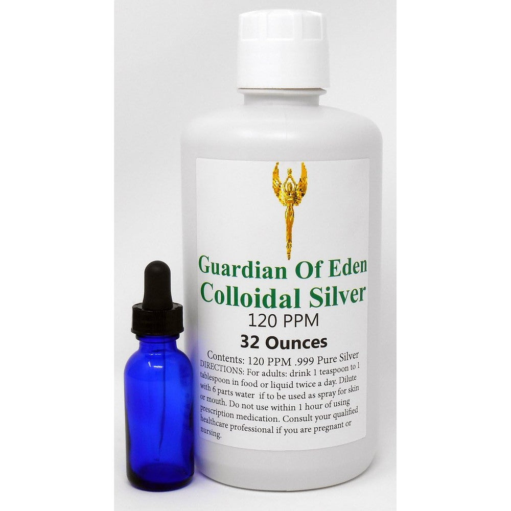 Guardian Of Eden Pure Colloidal Silver front view of one quart bottle with dropper