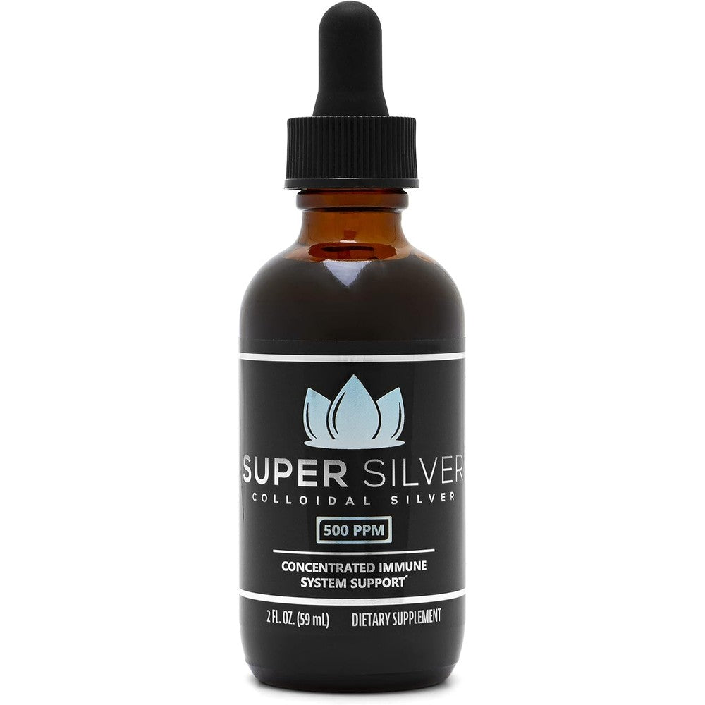 Super Silver 500 PPM Colloidal Silver two ounce dropper bottle front view for immune support.