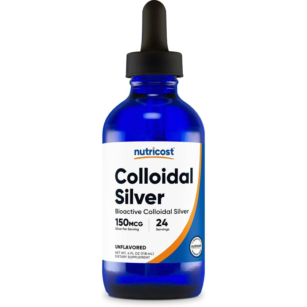 Nutricost Bio Active Colloidal Silver front view of four ounce cobalt blue glass bottle with dropper