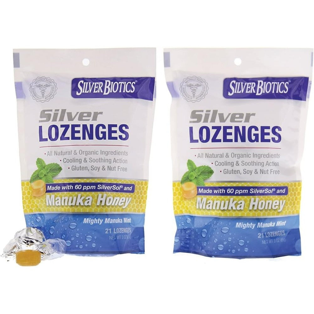 American Biotech Labs Silver Biotics Silver Lozenges Mighty Manuka Mint front packaging view for immune defense