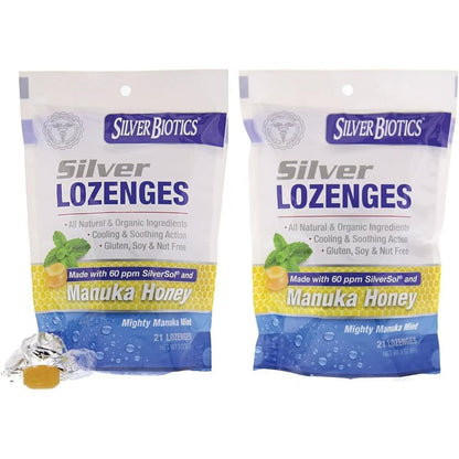 American Biotech Labs Silver Biotics Silver Lozenges Mighty Manuka Mint front packaging view for immune defense