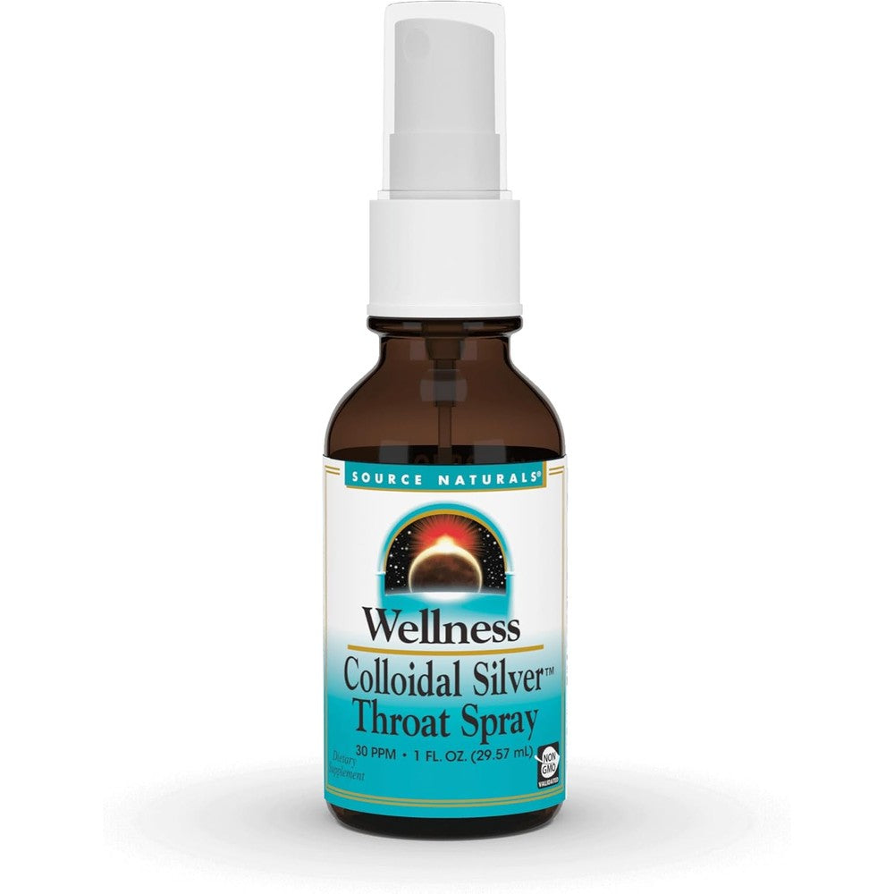 Source Naturals Wellness Colloidal Silver Throat Spray front view of 1 fluid ounce bottle
