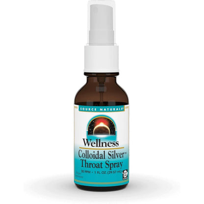 Source Naturals Wellness Colloidal Silver Throat Spray front view of 1 fluid ounce bottle