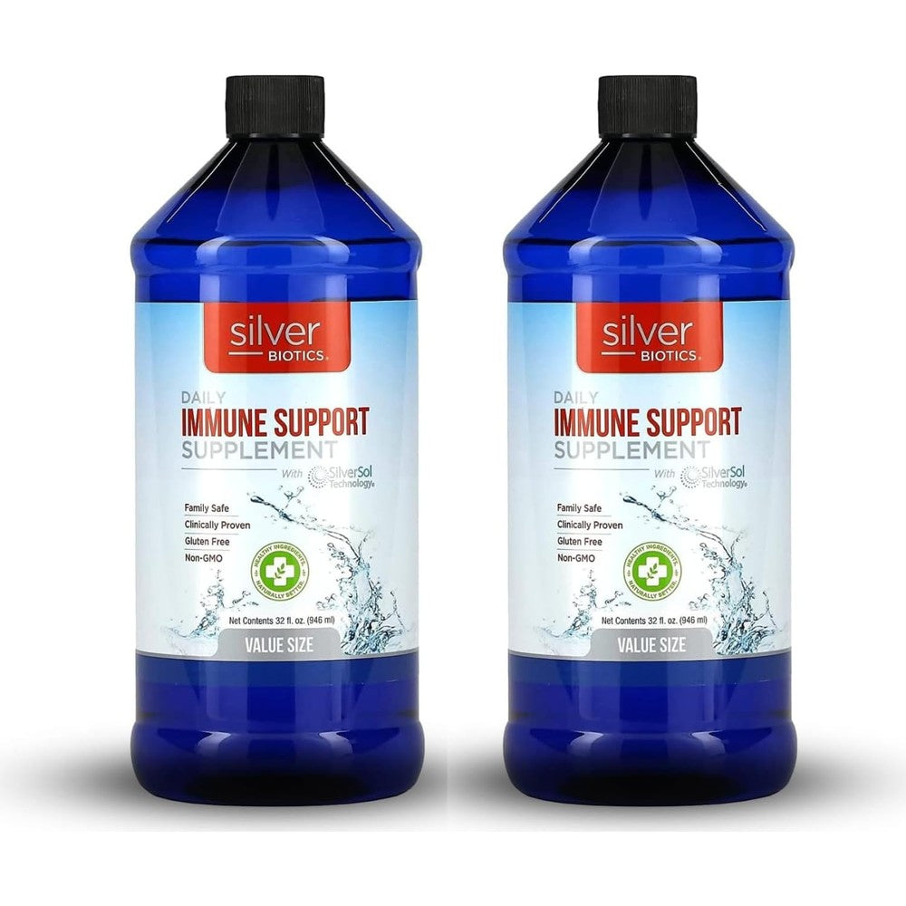 American Biotech Labs Silver Biotics 32 Fluid Ounce 2 Pack front view showing immune support labeling.