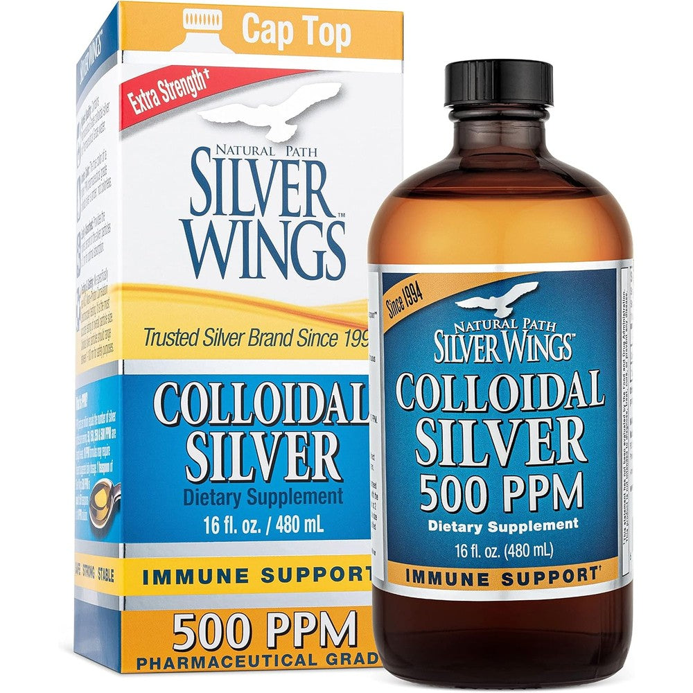 Natural Path Silver Wings Colloidal Silver 500 PPM 16 Fluid Ounce front view bottle for premium immune support.