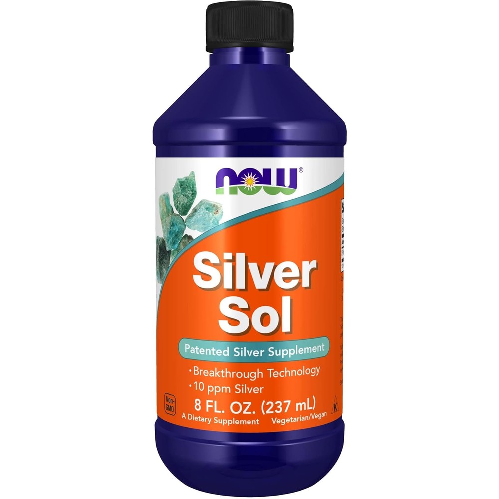 NOW Foods Silver Sol 10 PPM Liquid 8 Ounce front view bottle for wellness support
