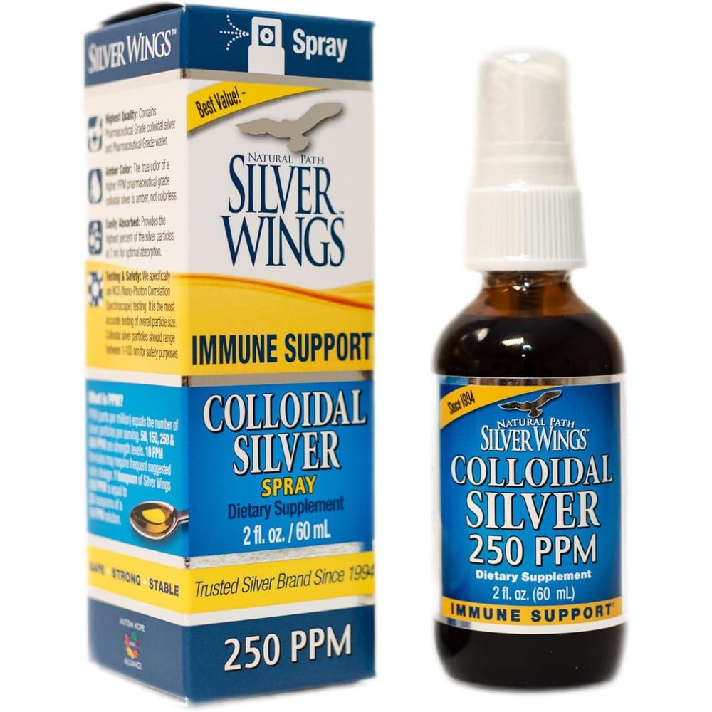 Natural Path Silver Wings Colloidal Silver 250ppm 2 Fluid Ounce front view bottle for immune support