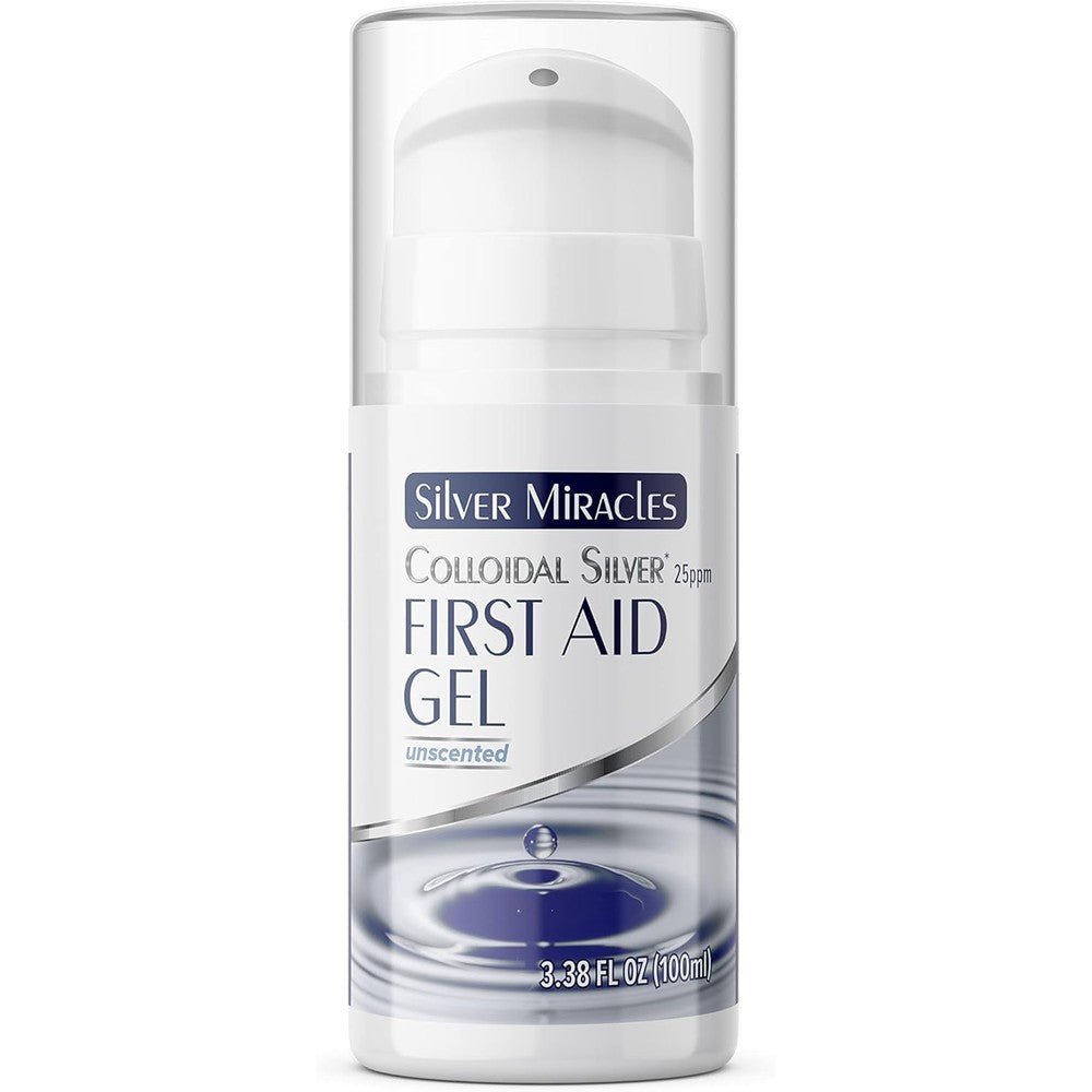 Silver Miracles Colloidal Silver First Aid Gel airless pump bottle front view for advanced skin healing.