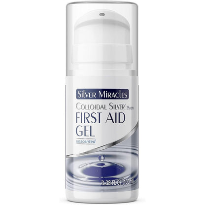 Silver Miracles Colloidal Silver First Aid Gel airless pump bottle front view for advanced skin healing.